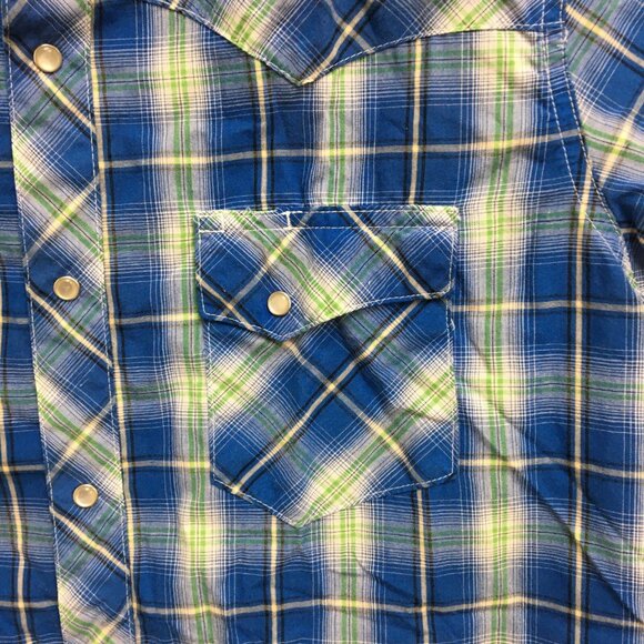 Wrangler Button Up Shirt Medium Men Blue Plaid Pearl Snap Pockets Western Cowboy - Picture 4 of 8